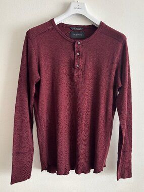 Wings + Horns Long Sleeve Burgundy Henley Tee - Large